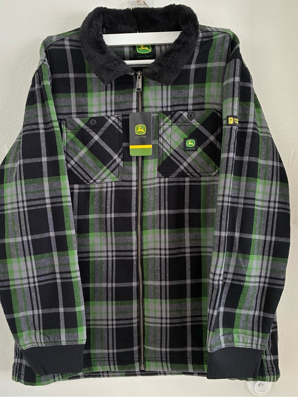 John Deere Flannel Sherpa Zip Jacket Men’s XL Black Plaid New